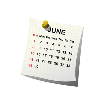 2014 paper calendar for June over white background