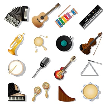 Musical instruments icon set over white background