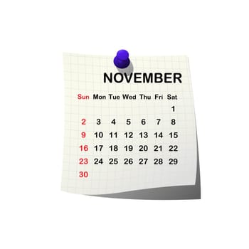 2014 paper calendar for November over white background