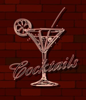 Cocktails neon sign over a brick wall