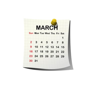 2014 paper calendar for March over white background