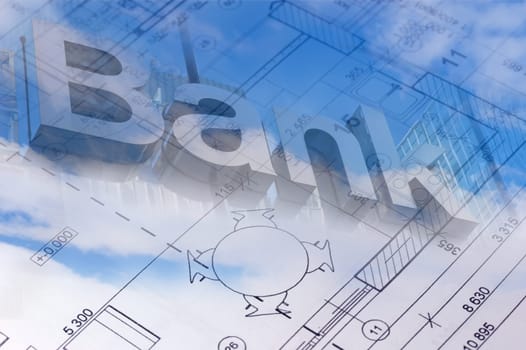 Sky with clouds and the floor plan of a house blueprint with bank sign