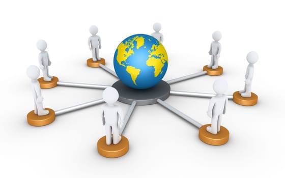 3d people on platforms are connected to the world