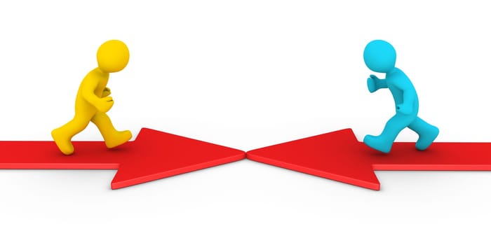 Two 3d people are running on opposite direction arrows