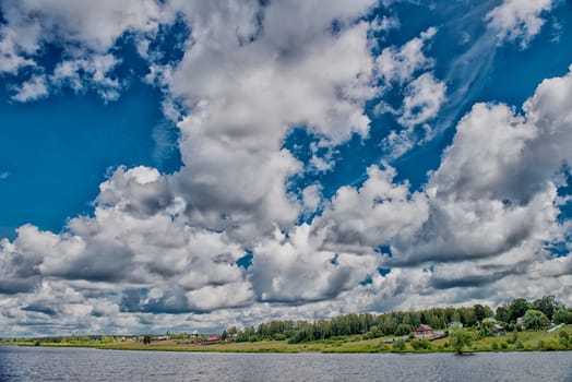 Cloudy sky over Volga river, Russia.