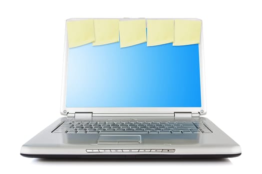 Netbook with reminder notes, isolated on white background