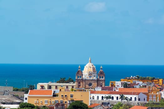 Historic center of Cartagena, Colombia with San Pedro Claver church featuring prominently in the center of the photograph