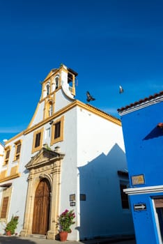 White Colonial Church with a deep blue sky in the historic center of Cartagena, Colombia