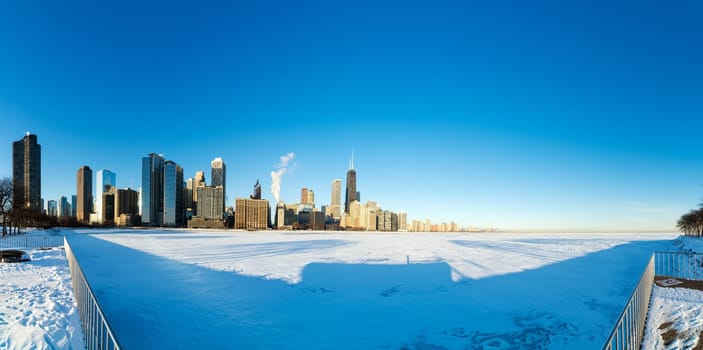 Super wide panorama view of skyscrapers in downtown Chicago