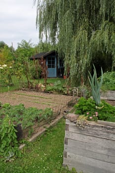 Garden with compost heap and gazebo