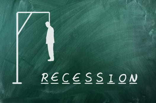 Hangman game on green chalkboard ,concept of reccesion
