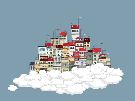Flying city in the clouds theme background