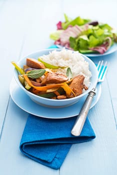 Fresh chicken with vegetables and rice close up shoot