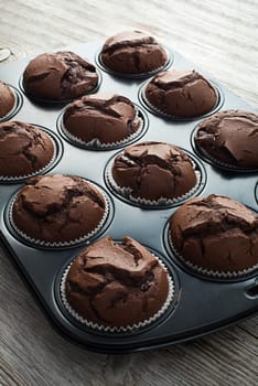 Fresh chocolate muffins in a tray close up shoot