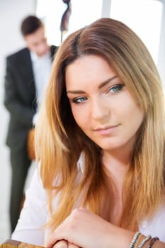 Beatiful woman smile fall in thoughts while listening