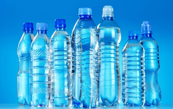 Composition with assorted plastic bottles of mineral water