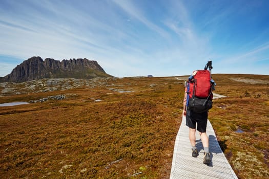 Female hiker on the Overland Trail, Cradle Mountain, Tasmania
