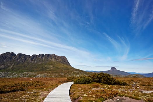 Boardwalk on route through Cradle Mountain and Barnes Bluff