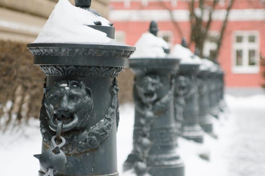 Street of Old Riga in snow day before Christmas