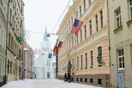Street of Old Riga in snow day before Christmas
