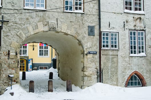 Street of Old Riga in snow day before Christmas