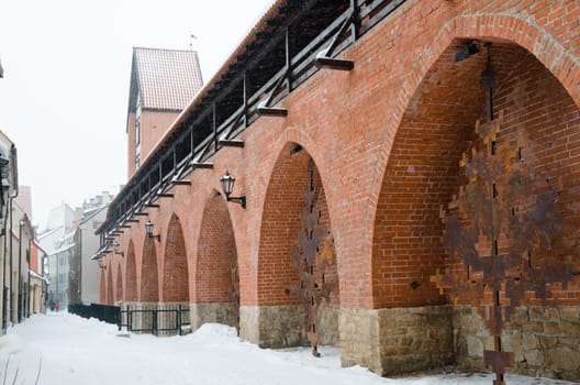 Fortress wall in Riga in snowy winter day