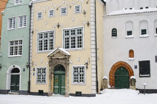 Street of Old Riga in snow day before Christmas