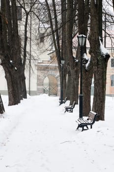 The park brought by a snow in the center of Riga