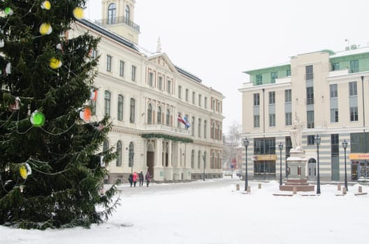 Street of Old Riga in snow day before Christmas