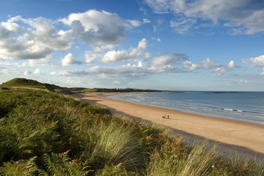 The sands of Embleton bay in late afternoon sunlight with some people walking in the distance