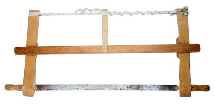 Old rusty hand saw. White background.