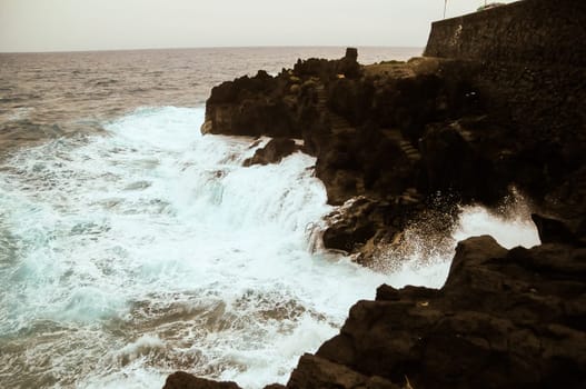 Strong Waves Crashing on the Volcanic Coast in Tenerife Canary Islands