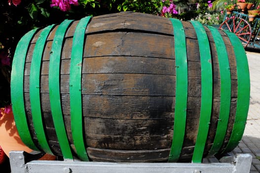 Decorative Old Wooden Barrel on an Urban Garden