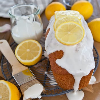 Homemade Ruehrkuchen with frosting with lemons