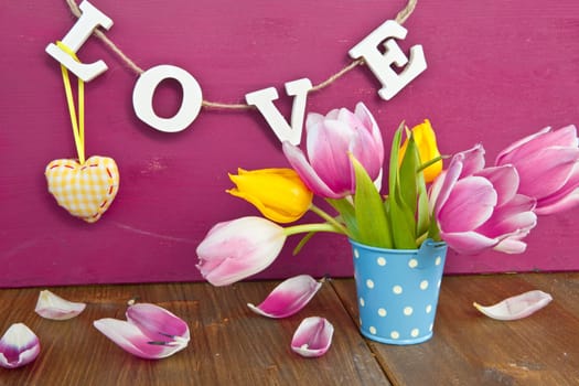 Colorful tulips in a small blue bucket against a red background