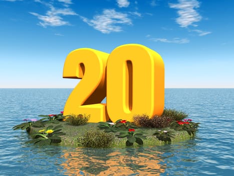 Computer-generated 3D illustration with the number 20 in an ocean landscape