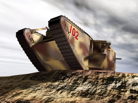Computer-generated 3D illustration with a British tank from the First World War