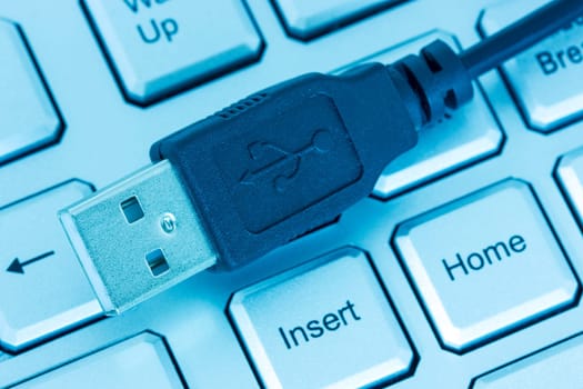 Computer keyboard and usb devise tinted in blue tone