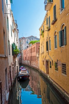 Boats and waterfront buildings in Venice, Italy.