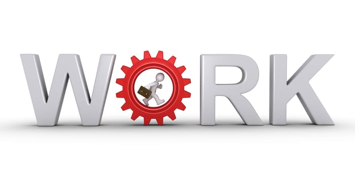 3d businessman is running inside cogwheel as part of WORK word