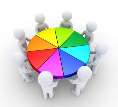 3d people are holding different slices of pie chart