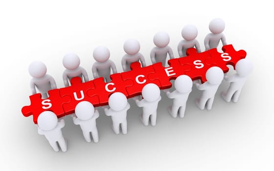3d people holding puzzle pieces with SUCCESS letters on them