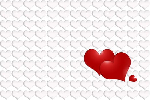 Three red hearts - two large and one small. The background is made ​​from white hearts with shadow.