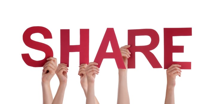 Many Hands Holding the Word Share, on White