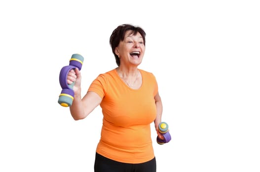 Smiling senior fitness woman excercising with barbells - isolated on white