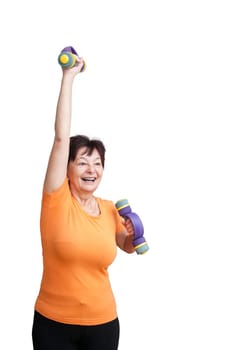 Smiling senior fitness woman excercising with barbells - isolated on white
