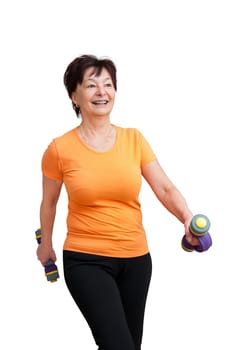 Smiling senior fitness woman excercising with barbells - isolated on white