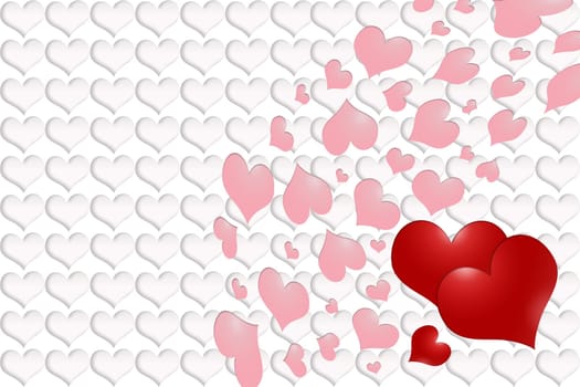 Three red hearts - two large and one small. Pink hearts like a stream. The background is made ​​from white hearts with shadow. Symbol of Valentine's Day.