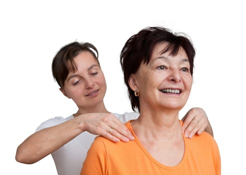 Young woman giving massage to senior - isolated on white