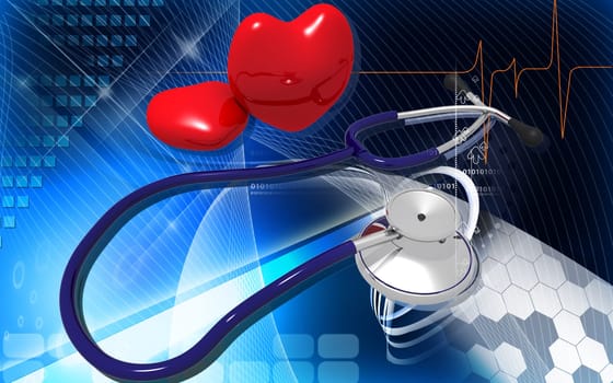 Digital illustration of stethoscope and heart in colour background